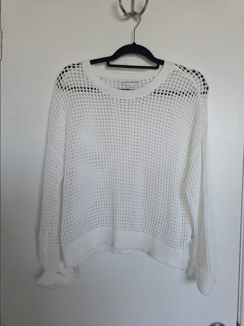 Calvin Klein White Open-Weave Crewneck Sweater